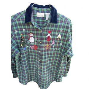 Casey & Max Christmas Plaid Long Sleeve Embroidered Button Up Shirt Size Large